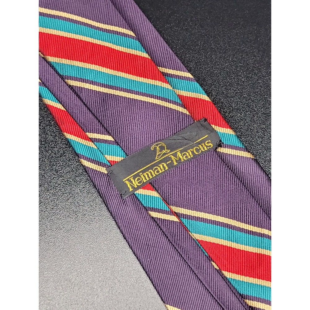 Neiman Marcus Silk Tie Purple Red Teal Gold Striped English 6 Ply Repp Excellent